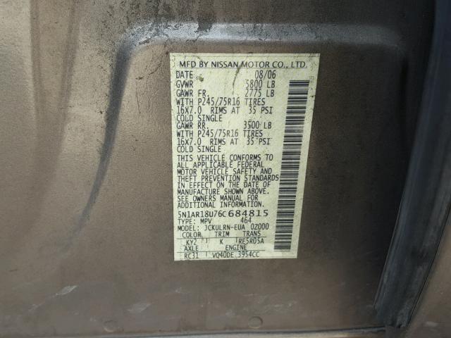 5N1AR18U76C684815 - 2006 NISSAN PATHFINDER BROWN photo 10