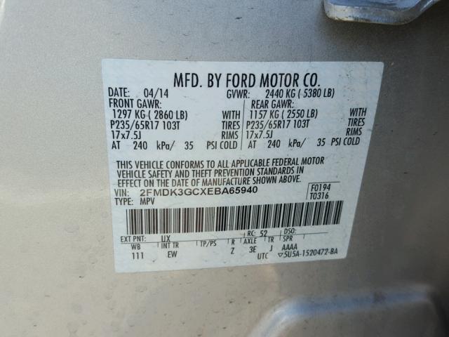 2FMDK3GCXEBA65940 - 2014 FORD EDGE SE SILVER photo 10