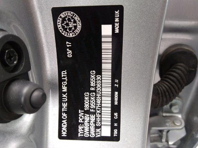 SHHFK7H46HU306930 - 2017 HONDA CIVIC SPOR SILVER photo 9