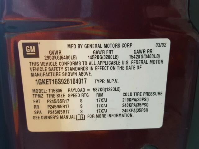 1GKET16S926104017 - 2002 GMC ENVOY XL MAROON photo 10