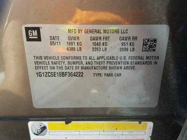1G1ZC5E18BF364222 - 2011 CHEVROLET MALIBU 1LT 灰色 照片 10