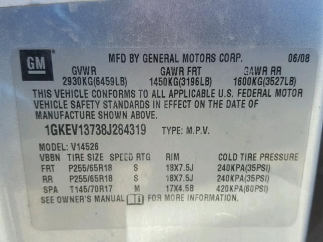 1GKEV13738J284319 - 2008 GMC ACADIA SLE SILVER photo 10