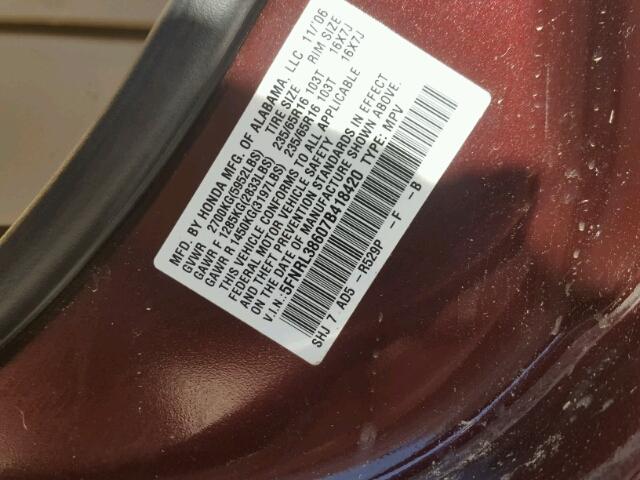 5FNRL38607B418420 - 2007 HONDA ODYSSEY EX MAROON photo 10