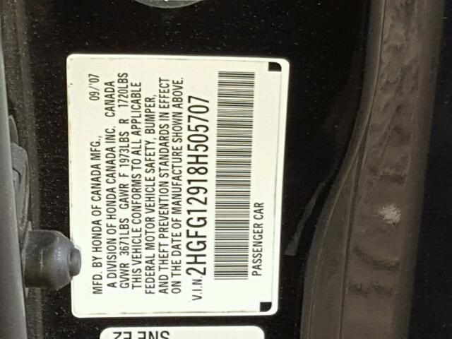 2HGFG12918H505707 - 2008 HONDA CIVIC EXL 黑色 照片 10