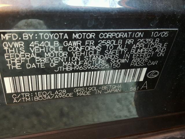 JTHBH96S965025150 - 2006 LEXUS GS GENERAT GRAY photo 10