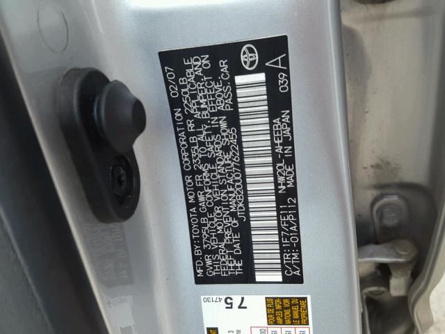 JTDKB20U077622455 - 2007 TOYOTA PRIUS SILVER photo 10