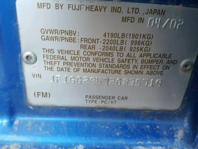 JF1GG29672G835719 - 2002 SUBARU IMPREZA WR BLUE photo 10