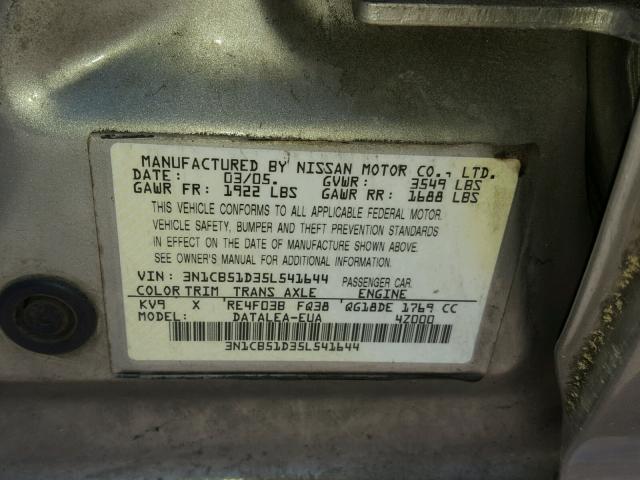 3N1CB51D35L541644 - 2005 NISSAN SENTRA 1.8 TAN photo 10