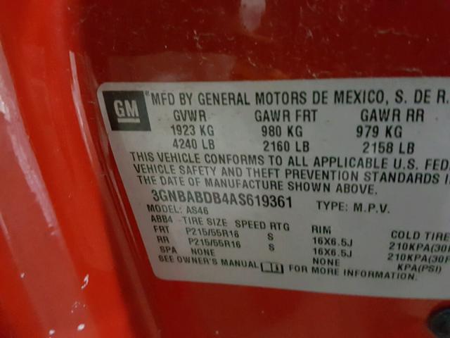 3GNBABDB4AS619361 - 2010 CHEVROLET HHR LT RED photo 10