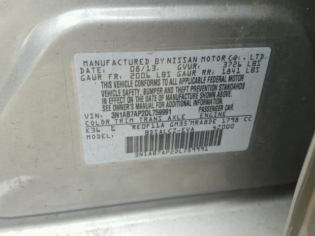 3N1AB7AP2DL759991 - 2013 NISSAN SENTRA S SILVER photo 10