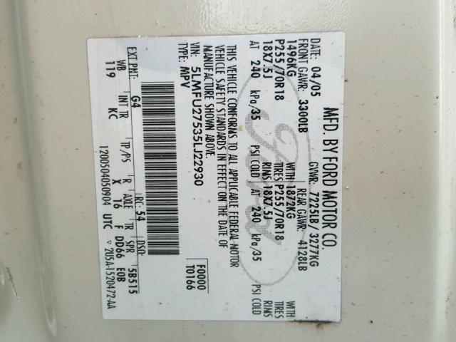 5LMFU27535LJ22930 - 2005 LINCOLN NAVIGATOR WHITE photo 10