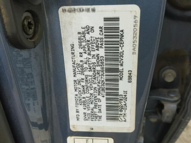 4T1BE32K73U665853 - 2003 TOYOTA CAMRY LE BLUE photo 10