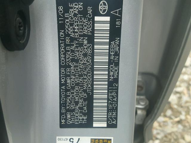 JTDKB20U793497853 - 2009 TOYOTA PRIUS SILVER photo 10