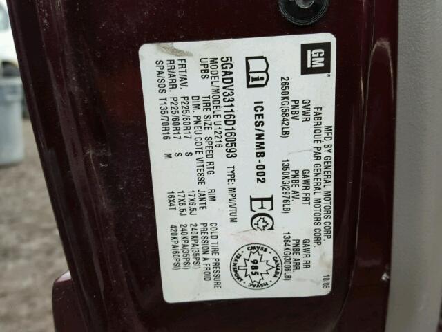 5GADV33116D160593 - 2006 BUICK TERRAZA CX MAROON photo 10