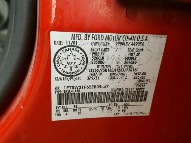 1FTSW31F62EB35047 - 2002 FORD F350 SRW S RED photo 10