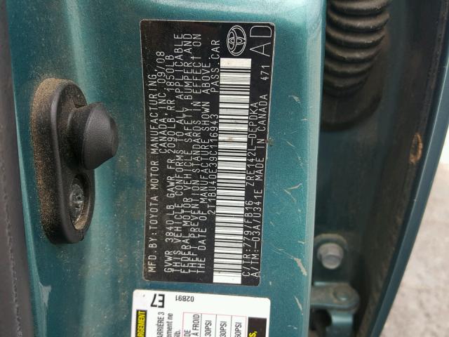 2T1BU40E39C116943 - 2009 TOYOTA COROLLA BA GREEN photo 10