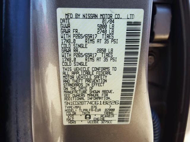 5N1ED28T74C618226 - 2004 NISSAN XTERRA XE GRAY photo 10