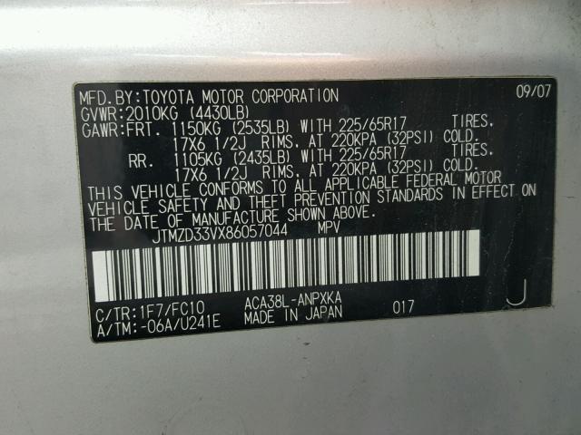 JTMZD33VX86057044 - 2008 TOYOTA RAV4 SILVER photo 10