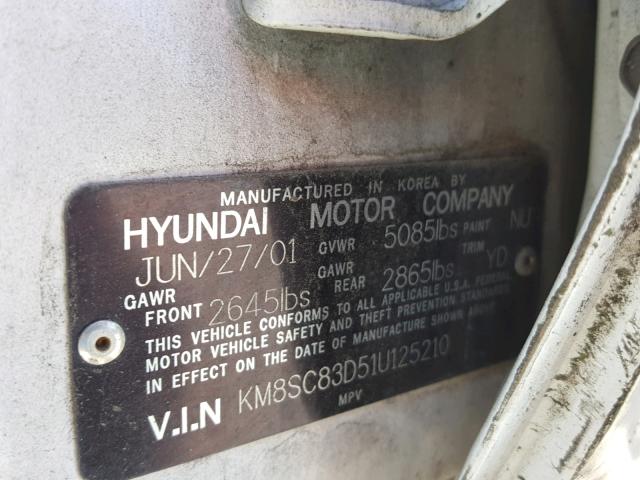 KM8SC83D51U125210 - 2001 HYUNDAI SANTA FE G WHITE photo 10