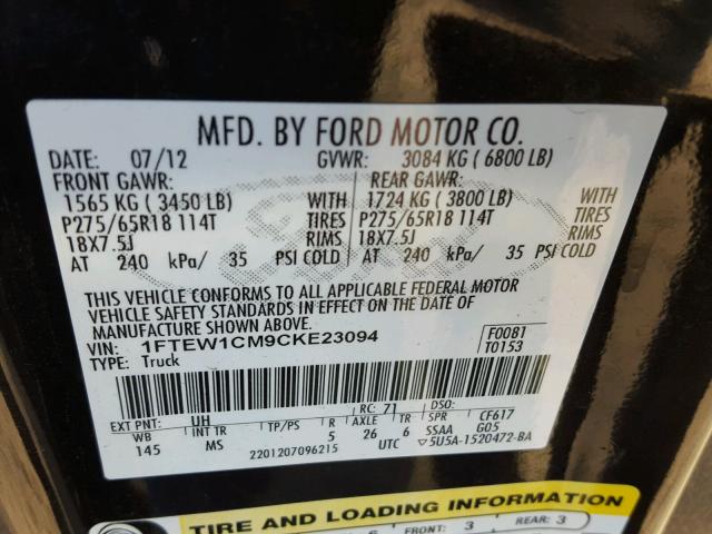 1FTEW1CM9CKE23094 - 2012 FORD F150 SUPER BLACK photo 10