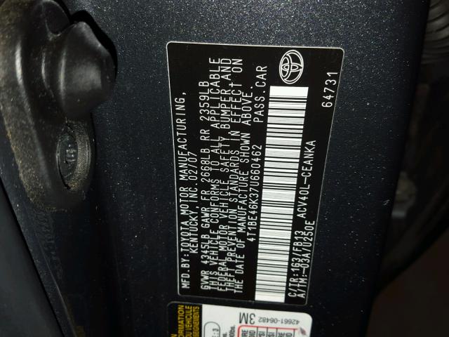 4T1BE46K37U660462 - 2007 TOYOTA CAMRY NEW GRAY photo 10