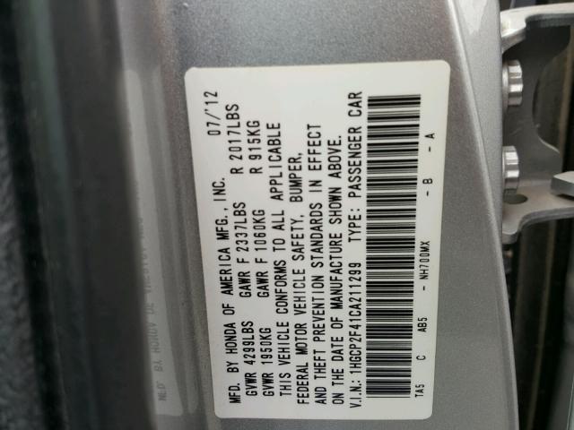 1HGCP2F41CA211299 - 2012 HONDA ACCORD LXP SILVER photo 10