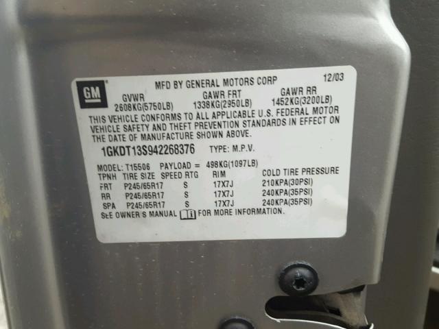 1GKDT13S942268376 - 2004 GMC ENVOY فضي صورة 10