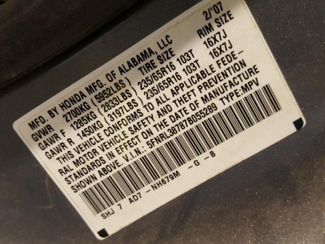 5FNRL38787B055289 - 2007 HONDA ODYSSEY EX GRAY photo 10