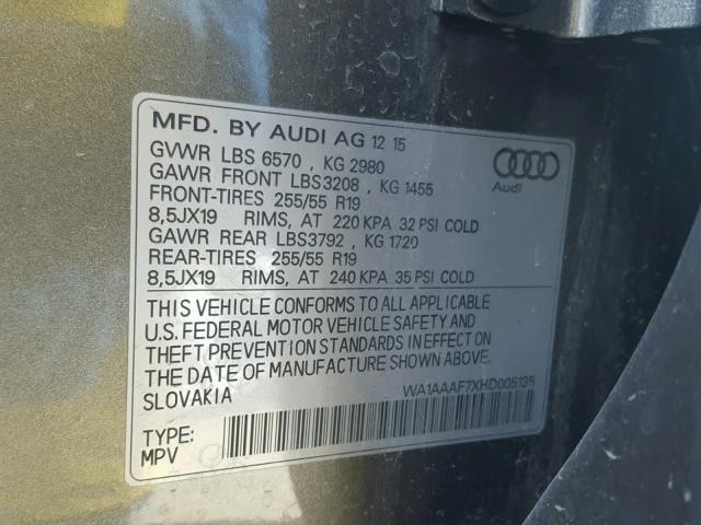 WA1AAAF7XHD005135 - 2017 AUDI Q7 PREMIUM GRAY photo 10