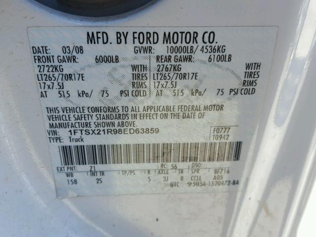 1FTSX21R98ED63859 - 2008 FORD F250 SUPER WHITE photo 10