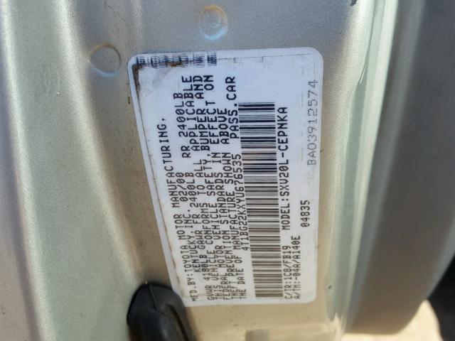 4T1BG22KXYU676535 - 2000 TOYOTA CAMRY CE SILVER photo 10