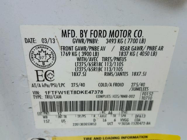 1FTFW1ET8DKE47378 - 2013 FORD F150 SUPER WHITE photo 10