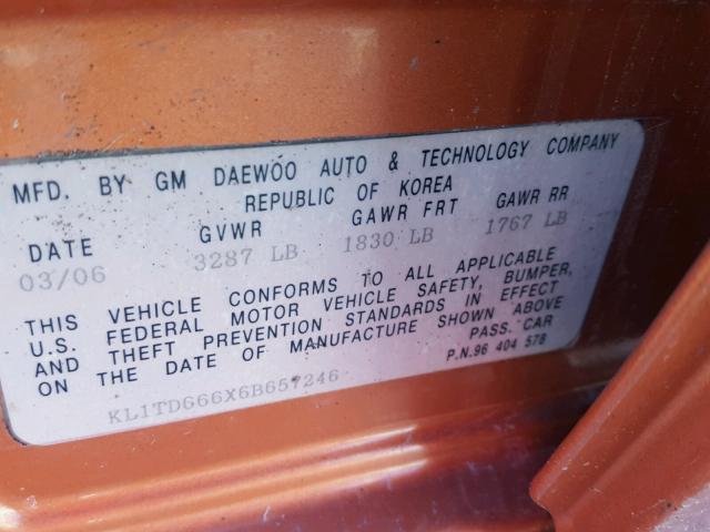 KL1TD666X6B657246 - 2006 CHEVROLET AVEO BASE Қызғылт сары фото 10