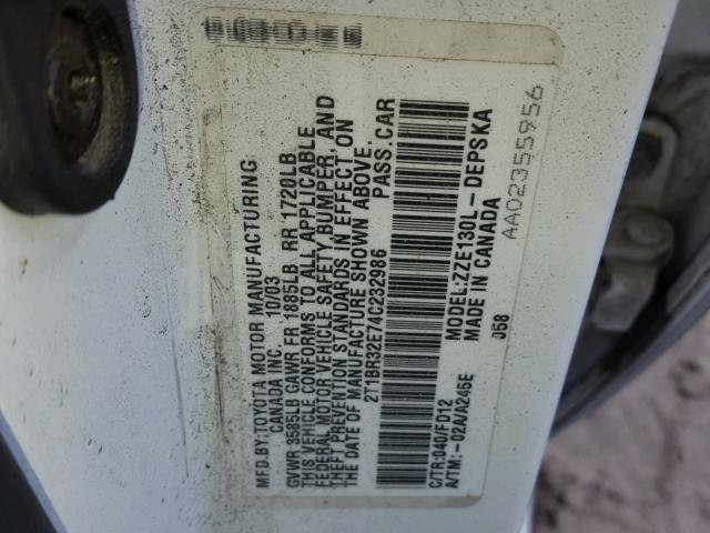 2T1BR32E74C232986 - 2004 TOYOTA COROLLA WHITE photo 10