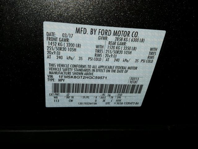 1FM5K8GT2HGC59571 - 2017 FORD EXPLORER S CHARCOAL photo 10