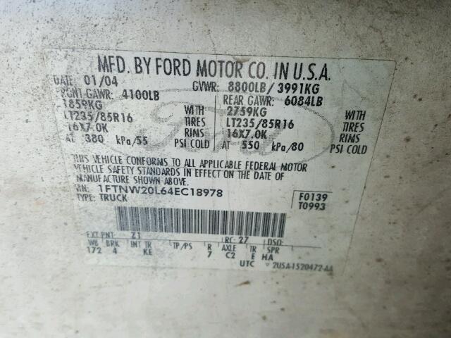 1FTNW20L64EC18978 - 2004 FORD F250 SUPER WHITE photo 10