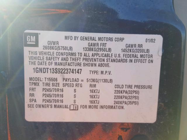 1GNDT13S922374147 - 2002 CHEVROLET TRAILBLAZE BLUE photo 10