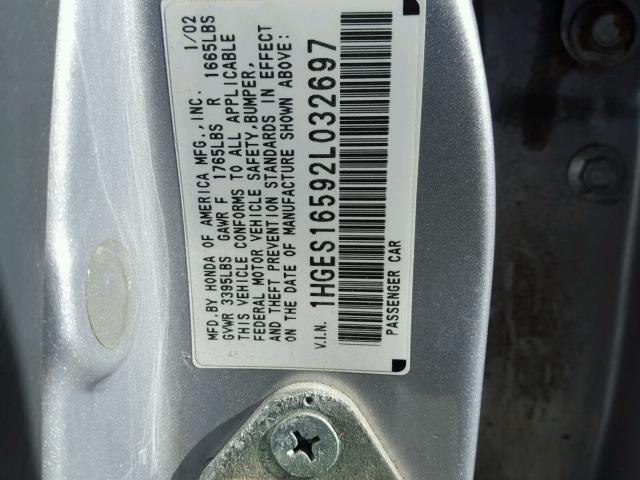 1HGES16592L032697 - 2002 HONDA CIVIC LX SILVER photo 10