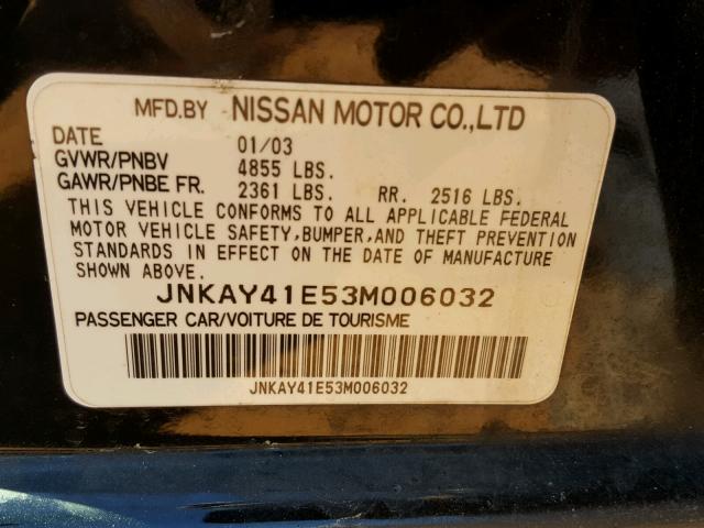 JNKAY41E53M006032 - 2003 INFINITI M45 BLACK photo 10