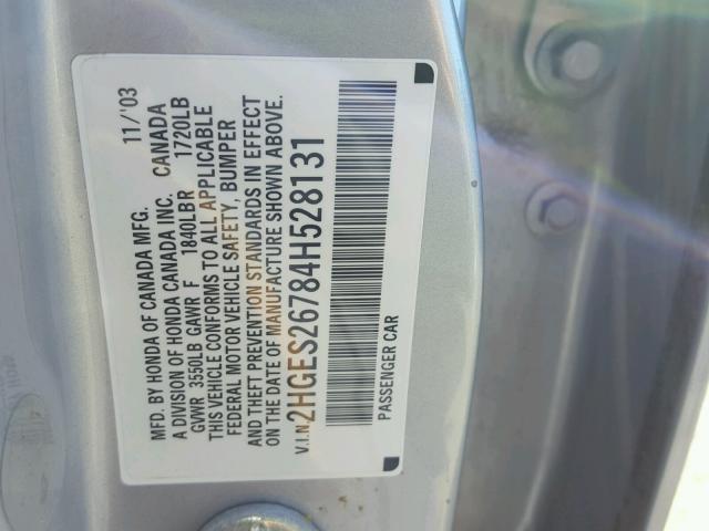 2HGES26784H528131 - 2004 HONDA CIVIC EX ვერცხლისფერი ფოტო 10