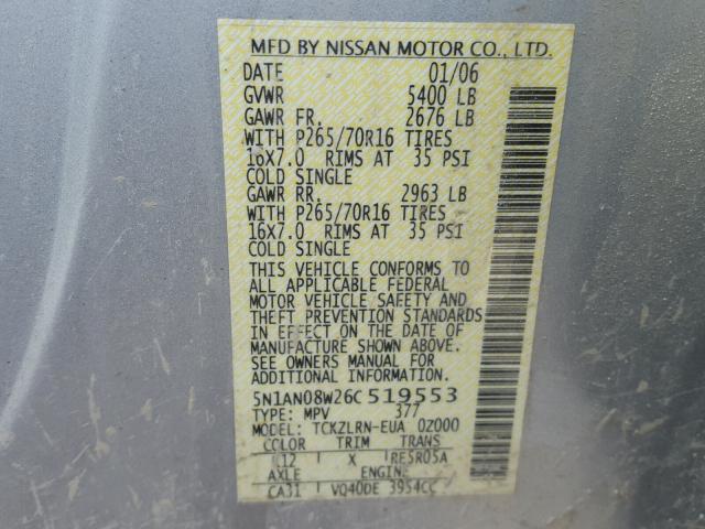 5N1AN08W26C519553 - 2006 NISSAN XTERRA OFF SILVER photo 10