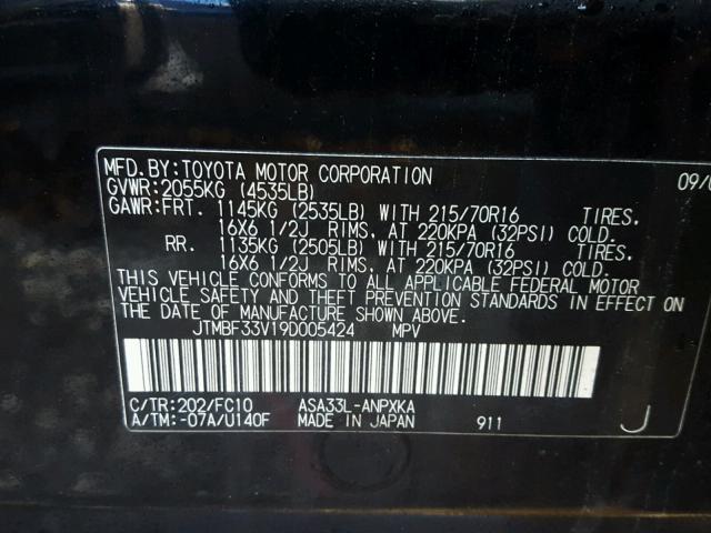 JTMBF33V19D005424 - 2009 TOYOTA RAV4 BLACK photo 10