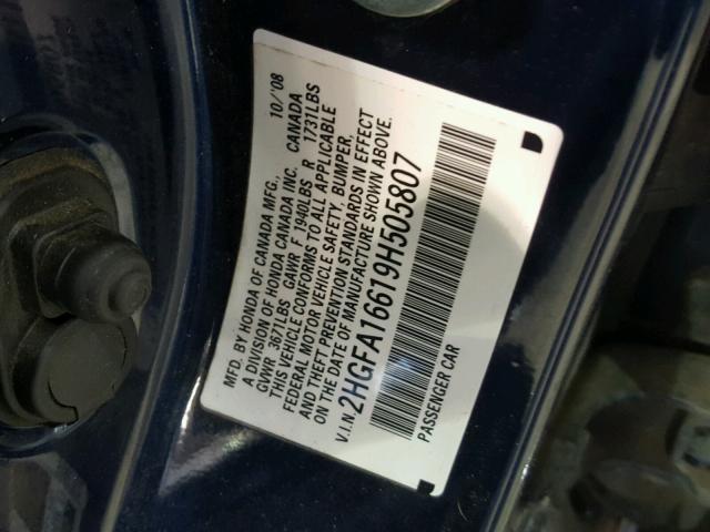 2HGFA16619H505807 - 2009 HONDA CIVIC BLUE photo 10