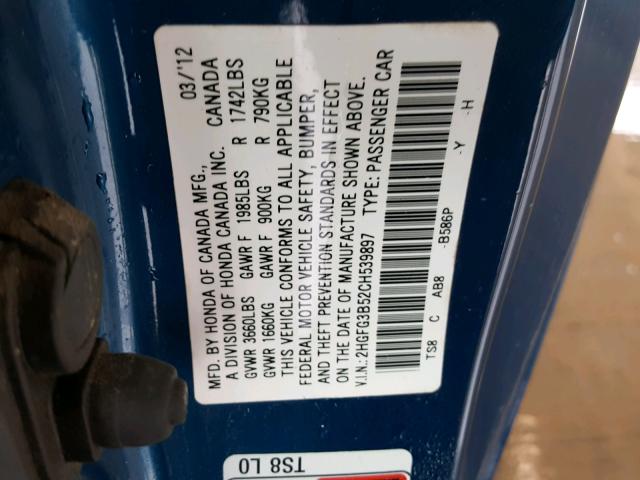 2HGFG3B52CH539897 - 2012 HONDA CIVIC LX BLUE photo 10