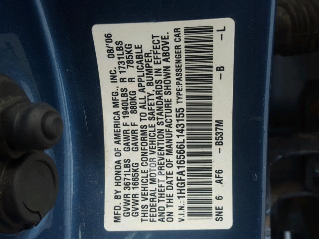 1HGFA16566L143155 - 2006 HONDA CIVIC LX BLUE photo 10