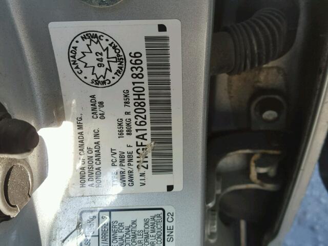 2HGFA16208H018366 - 2008 HONDA CIVIC DX SILVER photo 10