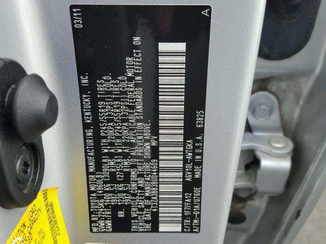 4T3ZA3BB3BU044609 - 2011 TOYOTA VENZA BASE SILVER photo 10