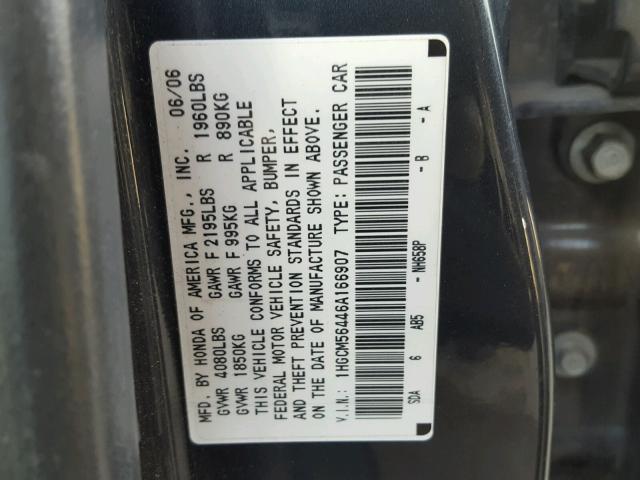 1HGCM56446A166907 - 2006 HONDA ACCORD LX GRAY photo 10