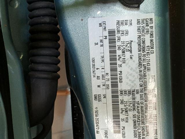 1FAHP3M2XCL356086 - 2012 FORD FOCUS SEL TEAL photo 10