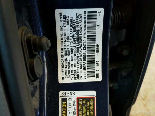 1HGFA16556L134740 - 2006 HONDA CIVIC LX BLUE photo 10